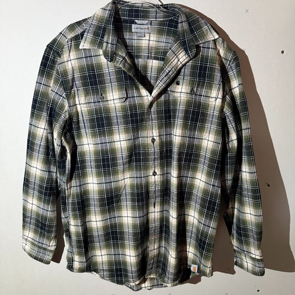 Carhartt ORG Fit 100% Cotton Button Down Shirt Mens L White Gray Green Plaid